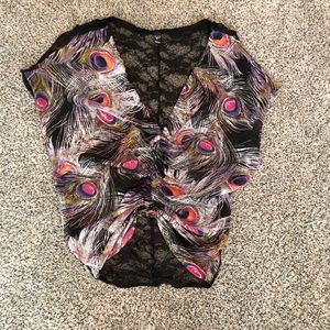 Windsor Peacock Design Scrunched Blouse. Black Lace Back.